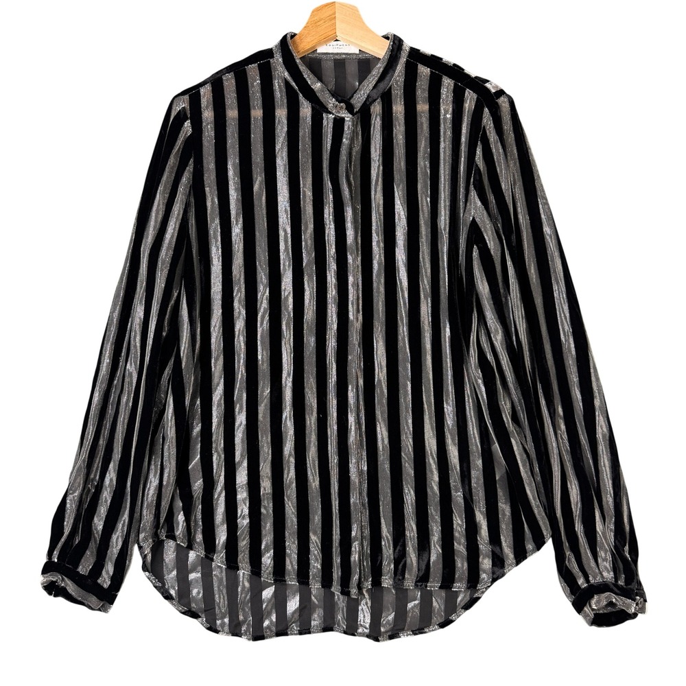 Equipment Femme Black Silver Metallic Velvet Stripe Silk Blend Blouse Medium